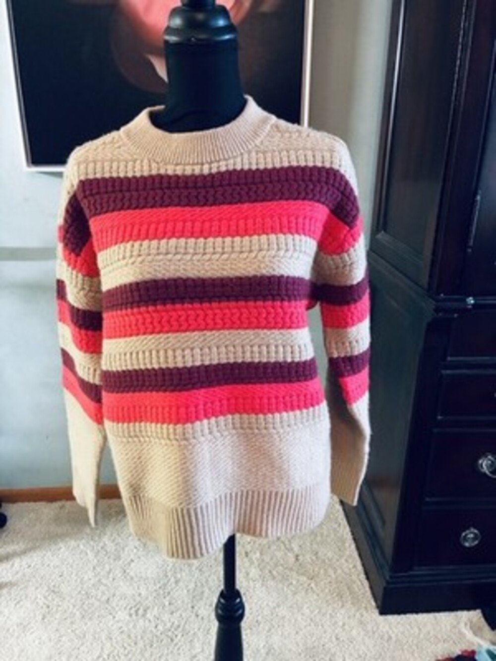 Ann Taylor Striped Tan Pink and Red Crewneck Sweater Cozy Preppy Casual Lg A161